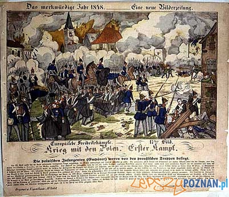 Bitwa o Książ 1948. Egzemplarz jednostronicowej gazety Neuruppiner Bilderbogen Nr. 2062 z roku 1848. Tytuł oryginalny: "Krieg mit den Polen. Erster Kampf" [niem. Wojna z Polakami. Pierwsze starcie Foto: www.deutsche-und-polen.de 