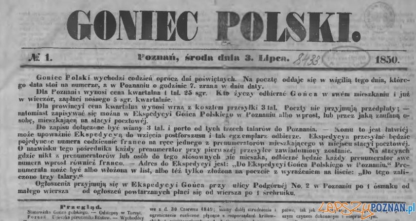 Goniec Polski nr 1, 3 lipca 1850 Foto: Wielkopolska Biblioteka Cyfrowa