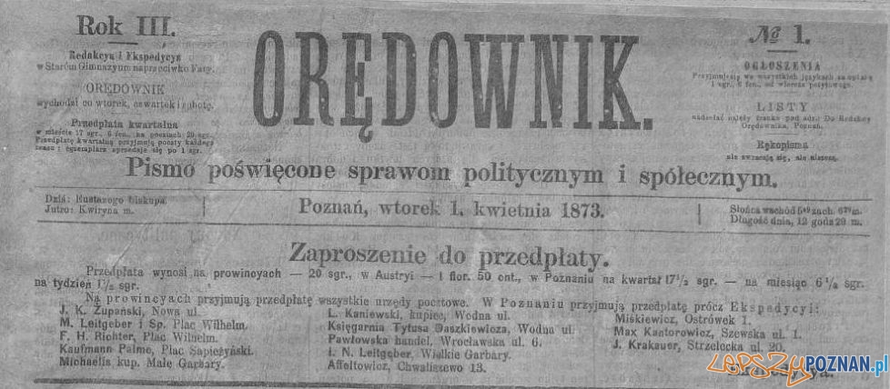 Oredownik nr 1 - 1 kwietnia 1873 Foto: Wielkopolska Biblioteka Cyfrowa