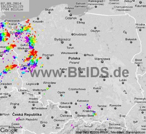 Miejsce występowania burz - stan z godz. 21:15 / 7.09.2014 Foto: blids.de