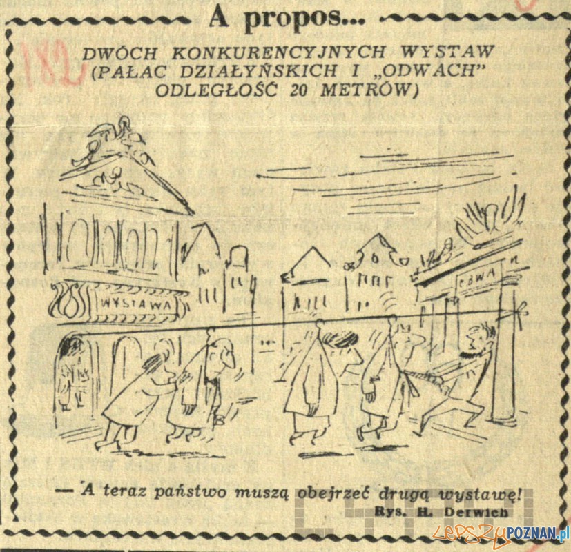 Rysunek satyryczny H. Derwicha na temat dwóch wystaw w Odwachu i Pałacu Działyńskich 20.11.1958