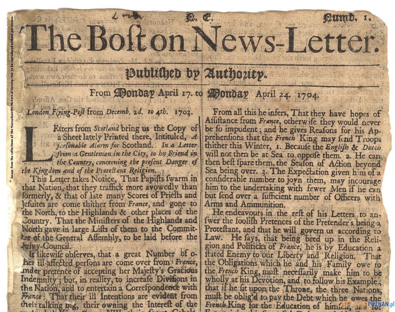 The Boston News - Letter from the collections of the Massachusettts Historical Society.
