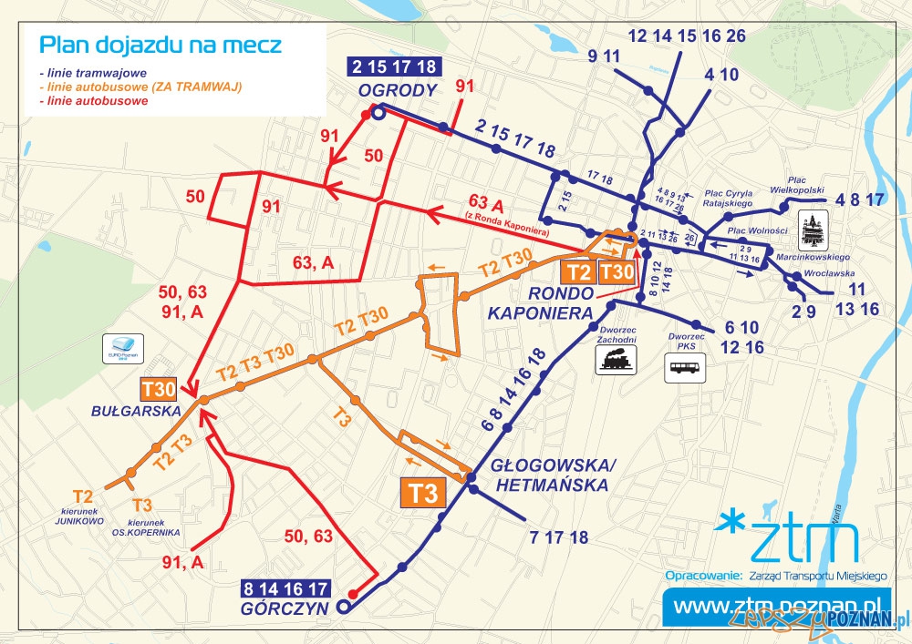 Mapa połączeń komunikacji miejskiej do stadionu  Foto: ZTM
