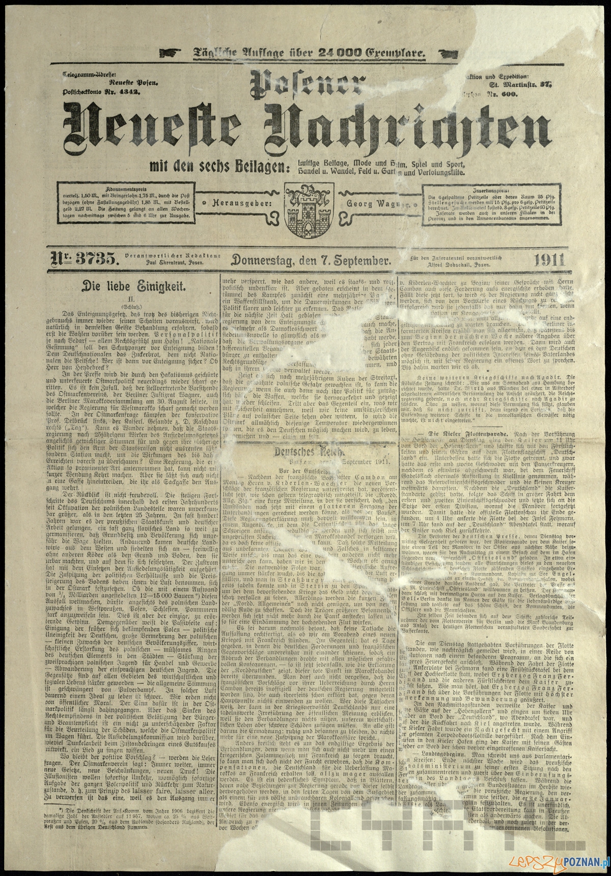 "Posener Neuesten Nachrichten" z 7 sierpnia 1911 roku  Foto: CYRYL