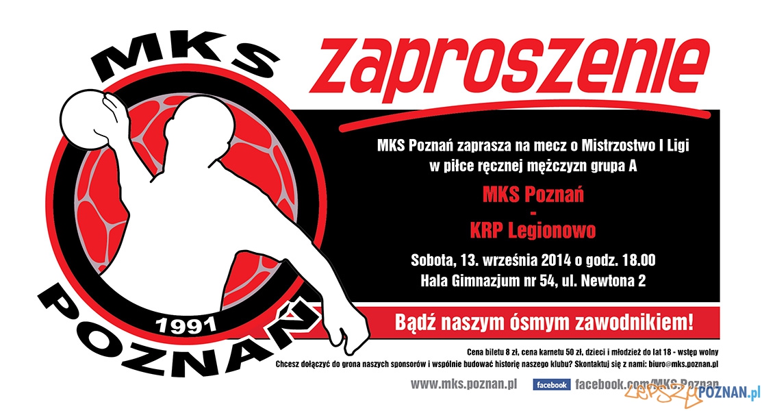 Zaproszenie na mecz MKS Poznań - KRP Legionowno - Poznań 20.09.2014 r.  Foto: mat. pras.