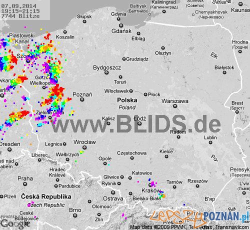 Miejsce występowania burz - stan z godz. 21:15 / 7.09.2014  Foto: blids.de