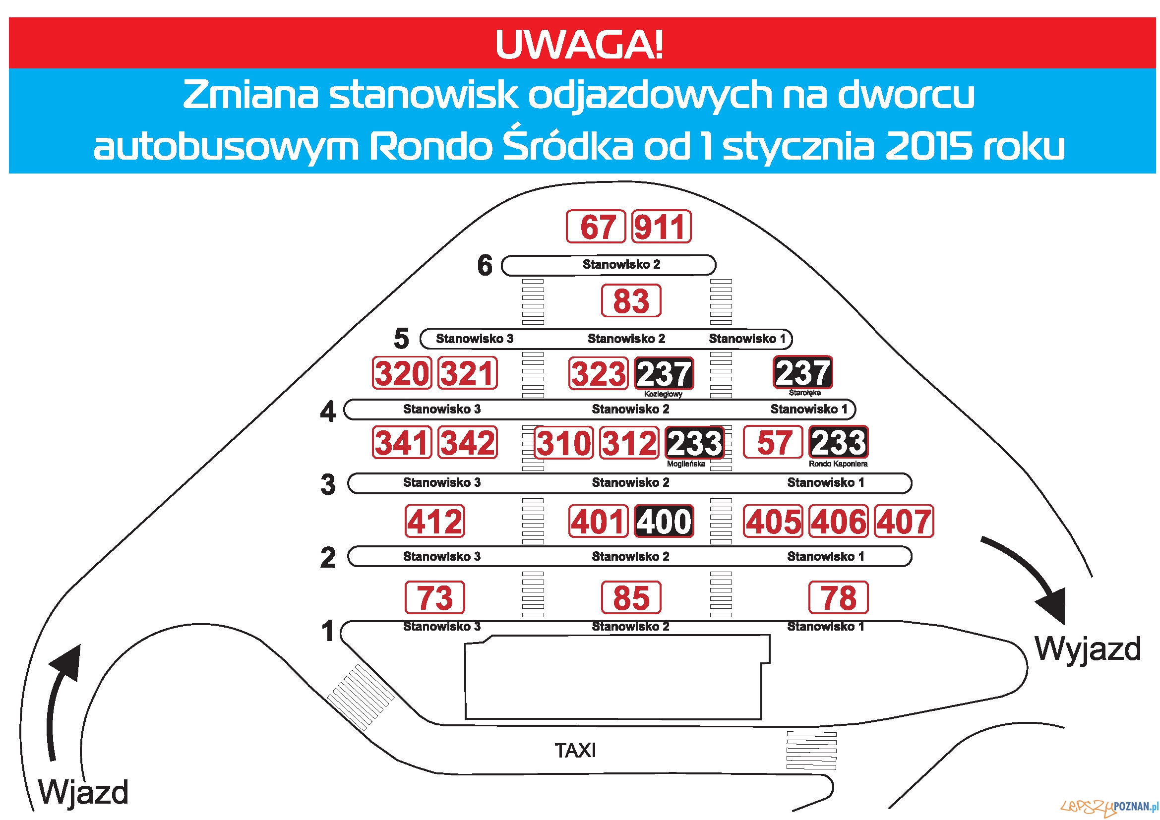 Nowy rozkład peronów na Dworcu Autobusowym Śródka (obowiązuje od: 1 stycznia 2015 r.)  Foto: ZTM