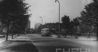 Autobus pospieszny C na przystanku przy ul. Łozowej nieopodal skrzyżowania z ul. Czechosłowacką - lata 70.te  Foto:  S. Wiktor/  Cyryl