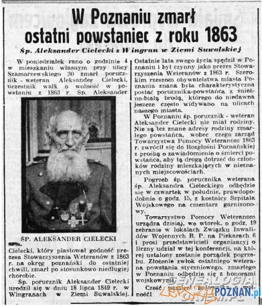Zmarł Aleksander Cielecki  Foto: Oredownik nr 243 z 20.10.1937 za: genealogia.okiem.pl 